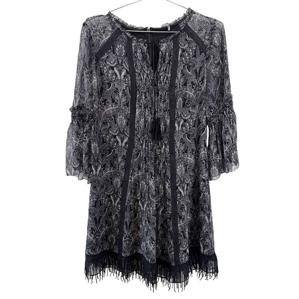 ELIE TAHARI 100% Silk 3/4 Sleeve Paisley Shift Dress • 4 • black Boho Whimsigoth